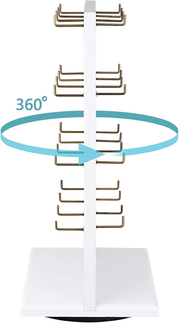 Ikee Design Wooden Rotating Two-Sided Jewelry Display Stand, Rotating Organizer with 32 Long Hooks for Store, Bracelet Keychain Earring Display, White Color, 9.1W x 7.5 D x 17.1 H in