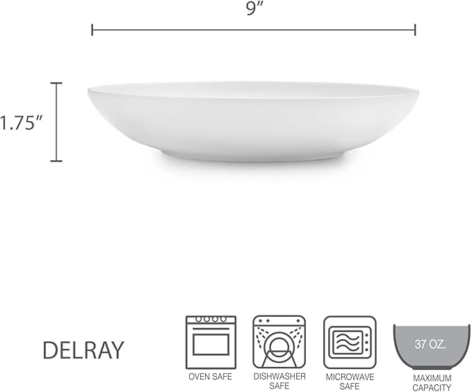 Mikasa Delray Bone China Pasta Bowls Set of 4, 9 Inch White Serving Bowls for Pasta, Salad, Soup, Lightweight and Durable Dinnerware