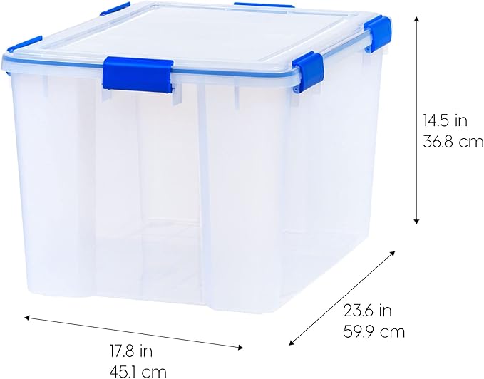IRIS USA WeatherPro 74 Qt Storage Bins with Lids, 3 Pack, BPA-Free Plastic Gasket Box with Tight Latch and Seal, Stackable Nestable Tote Tub - Clear/Blue