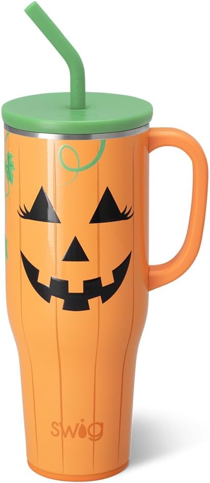 Swig Life 40oz Mega Mug, Halloween 40oz Tumbler with Handle and Straw, Extra Large Insulated Tumblers, Cup Holder Friendly Travel Mug (Boo Crew Pumpkin)