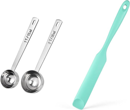 Doosu 18/8 Stainless Steel Food-Grade Measuring Coffee Scoop with 4.3in Long Handle (1 & 2 Tbsp) and 600°F Heat Resistant Silicone Jar Scraper Spatula (Aqua Sky)