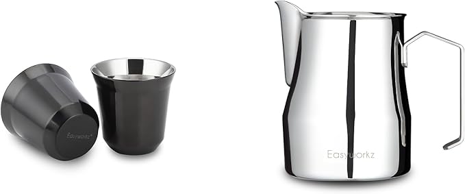 Easyworkz Stainless Steel Espresso Cup 2pcs Set Double Wall 2.5 oz, Bundled Espresso Steaming Pitcher Stainless Steel 12 oz Coffee Frothing Picther Milk Jug Cappuccino Latte Art Cup