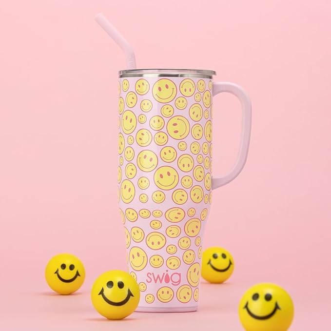 Swig Life 40oz Mega Mug, 40 oz Tumbler with Handle and Straw, Cup Holder Friendly, Dishwasher Safe, Extra Large Insulated Tumbler, Stainless Steel (Oh Happy Day)