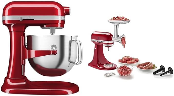 KitchenAid® 7 Quart Bowl-Lift Stand Mixer, Candy Apple Red & KSMMGA Metal Food Grinder Attachment, Silver