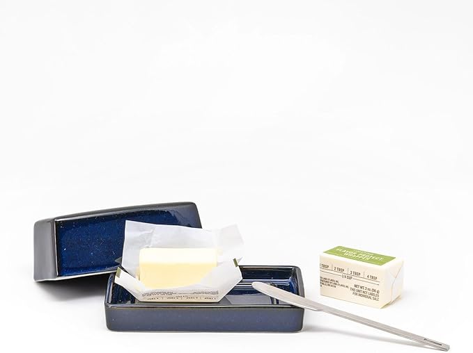 ZERO JAPAN Compact Butter Dish for Countertop, Fits West Coast Butter Sticks (Stubby Size), Ceramic Butter Keeper with Lid, Space-Saving Design, Made in Japan, Jeans Blue