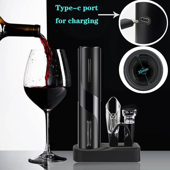Electric Wine Bottle Opener Rechargeable Wine Corkscrew Opener Gift Set with Foil Cutter, Wine Aerator Pourer and Vacuum Wine StopperIdeal Present for Party, and Home Entertaining.(BLACK)