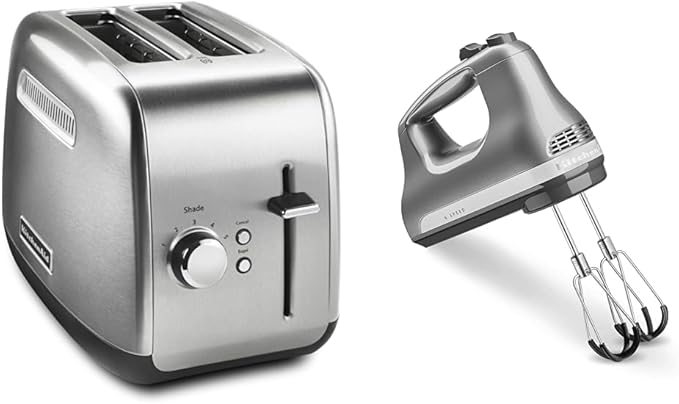 KitchenAid KMT2115SX Stainless Steel Toaster, Brushed Stainless Steel & 6 Speed Hand Mixer with Flex Edge Beaters - KHM6118