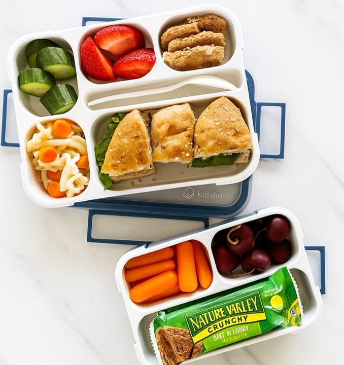 kinsho Bento Lunch-Box Set for Kids Includes Snack Container | 6 and 3 Compartment Boxes Leakproof School Bentos, Meal Portion Control Containers, Boys Girls Adults, Navy Blue Large + MINI 2 Pack Set
