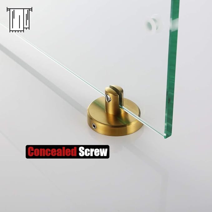 JQK Bathroom Glass Shelf, Shelf with 16 Inch Towel Bar Tempered Glass Shower Storage 16 by 5 inches, 304 Stainless Steel Brushed Gold Wall Mount, TGS100-BG