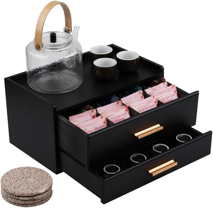 Tea Organizers and Storage Box with Drawer Tea Station organizer for Countertop with 8 Compartments Pine Wood Tea Bag Organizer with Drawer Teabag Holder with 4 Cotton Woven Coasters（Black02）