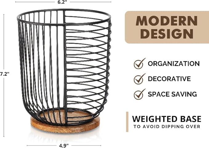 MosJos Coffee Pod Holder -Black Wire K Cup Storage with Wooden Base - Large Capacity Slim Design - Modern Coffee Basket Decor for Kitchen Countertop for Keurig Kcups & Espresso Capsules