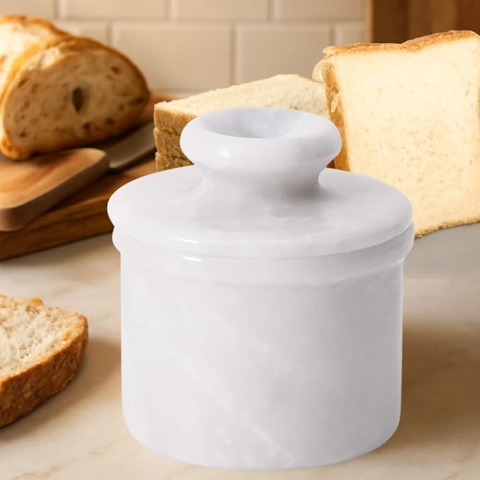 Butter Crock – French Butter Keeper with Lid, Countertop Butter Dish, Handcrafted Cloudy White Marble Housewarming Gift for Kitchen & Home