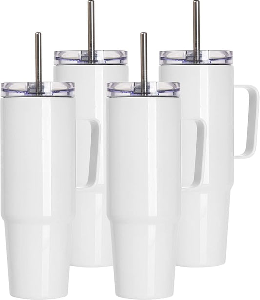 PYD Life 4 Pack Sublimation Tumblers with Handle Blanks 36 OZ White Coffee Mugs Insulated Reusable Travel Cups with Leakproof Lid and Stainless Straw for Tumbler Heat Press