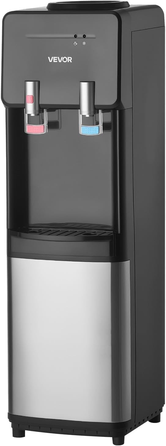 VEVOR Top Loading Water Cooler Dispenser, Hot and Cold Water Dispenser for 3 or 5 Gallons Bottles, Sturdy Stainless Steel and Child Security Lock, Ideal for Homes, Kitchens, Offices, Dorms, Black