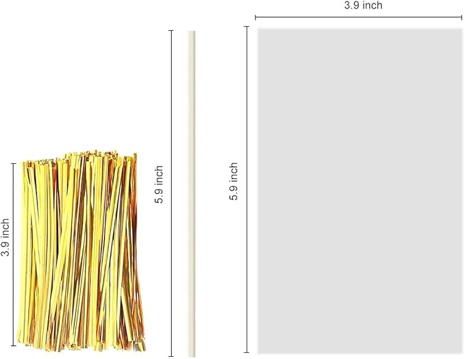 360pcs Cake Pop Sticks and Wrappers Ties Kit, Including 120ct 6-inch Paper Lollipop Stick, 120ct Cake Pop Parcel Bag, 120ct Gold Twist Tie for Candy Making Packaging Supplies
