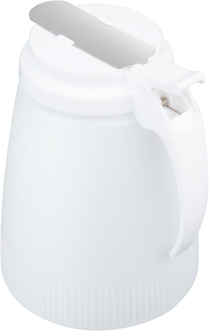 Restaurantware-Chef 101 48 Ounce All Purpose Syrup Dispenser, 1 Honey Dispenser - White Top, Stainless Steel Slide Cover, Plastic Pancake Syrup Bottle, Perfect For Diners, Restaurants, Home