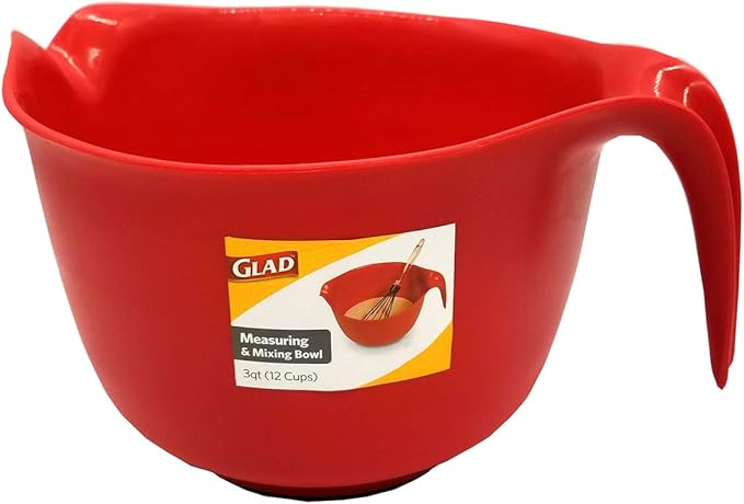 Glad Mixing Bowl with Handle – 3 Quart | Heavy Duty Plastic with Pour Spout and Non-Slip Base | Dishwasher Safe Kitchen Supplies for Cooking and Baking, Red (Pack of 6)