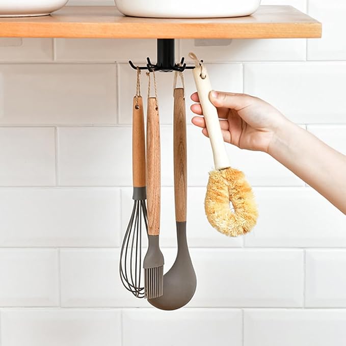 4 PCS Under Cabinet Kitchen Utensil Hooks 360° Rotation Adhesive Nail Free Hanging Rack for Kitchen Utensils, Tools, Towel, Knife (Black)