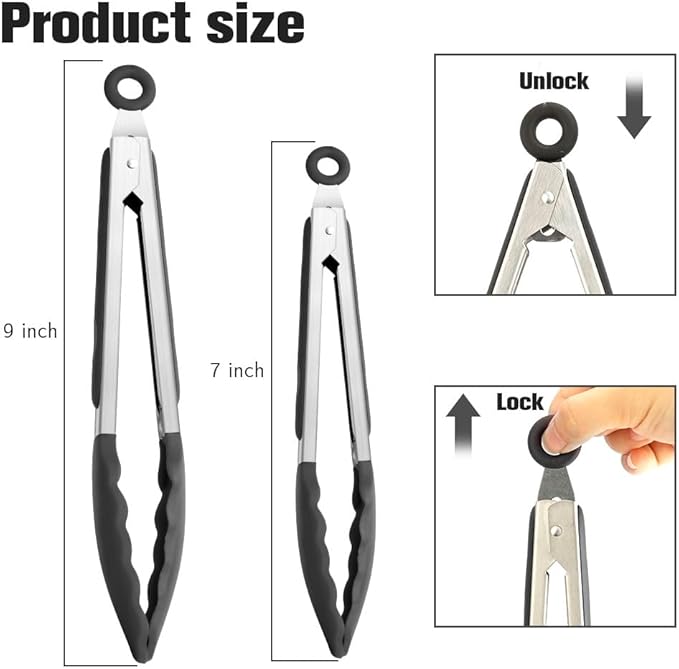 Kitchen Tongs 2 Pcs Tongs for Cooking Black Silicone Tongs 7 Inch 9 Inch Stainless Steel Locking Food Tongs with Silicone Tips Heat Resistant Serving Tong for BBQ Food Grilling Salad Kitchen Utensils