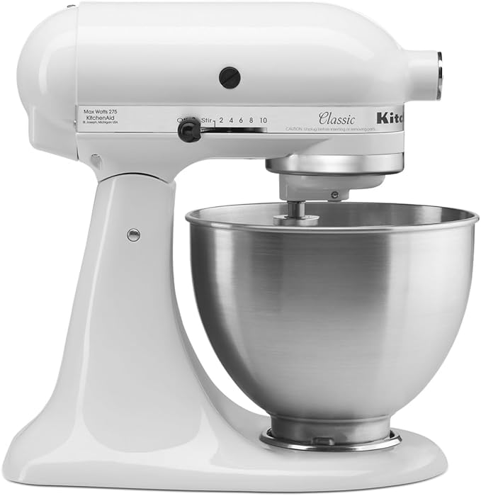 KitchenAid Classic Series 4.5 Quart Tilt-Head Stand Mixer K45SS, White & KSMPCA Pasta Cutter Attachment Set (2 Piece), One Size, Silver