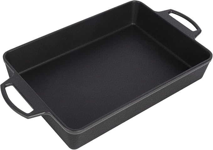KEESHA 9x13 Inch Cast Iron Detroit Pizza Pan, Pre-Seasoned 4.8 Quart Deep Baking Dish for Casserole, Focaccia, Lasagna, Sicilian Bread, Oven & Grill Safe