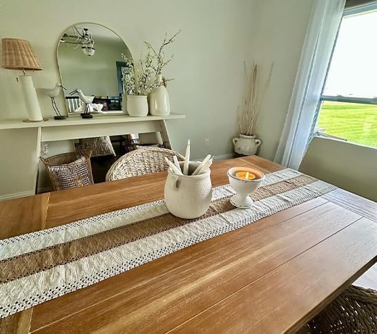 FEXIA Boho Table Runner with Tassels 60 Inches Long Christmas Thanksgiving Farmhouse Rustic Cream & Brown Macrame Table Runner for Home Dining Bedroom Bridal Shower Decor(12x60 Inches)