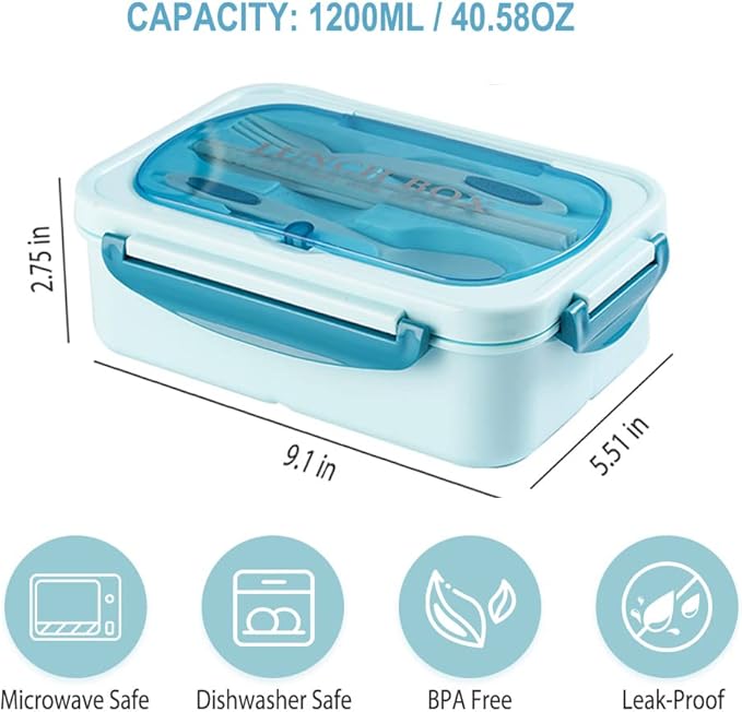 NatraProw Bento Box for Adult, 1200 ML Lunch Containers, LeakProof Lunch Box with Utensils, BPA Free, 3 Compartment Bento Box Microwave Safe, Blue