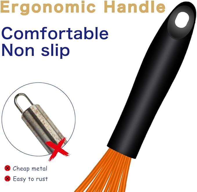 Dishwasher Safe Orange Silicone Whisk, Sealed Waterproof Design Set of 3, Professional Kitchen Whisks for Cooking Non-Scratch, Silicone&Stainless Steel Whisk, Heat Resistant Plastic wisk, BPA free