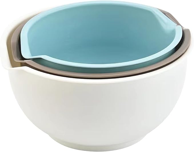 Set of 3 Mixing Bowls with Pour Spout-Nesting Design Saves Space - Non-Slip, BPA Free, Dishwasher Safe Plastic - Kitchen Cooking and Baking Supplies (Blue Grey white)
