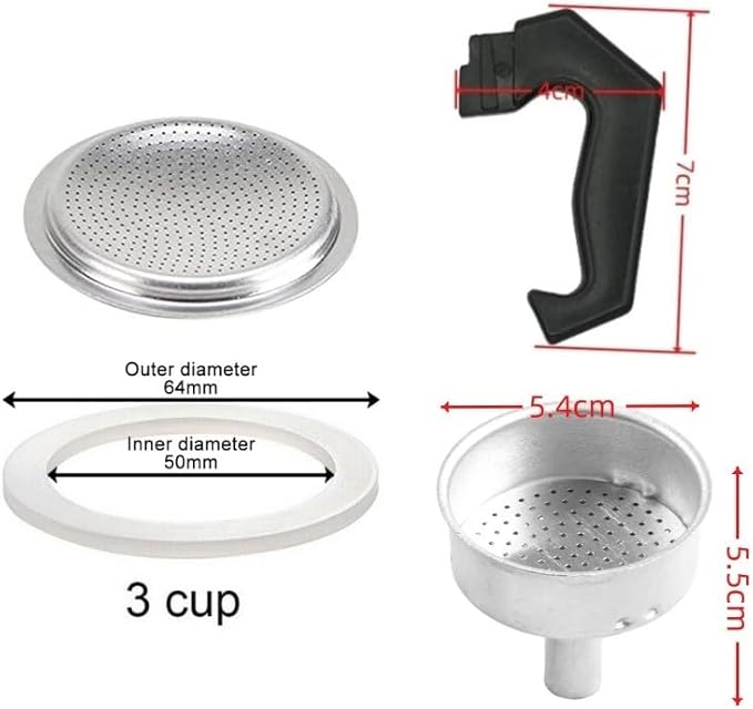 Espresso Coffee Moka Pot Replacement Parts Set Include Handle Funnel Filter Gasket Seal (3 Cup)