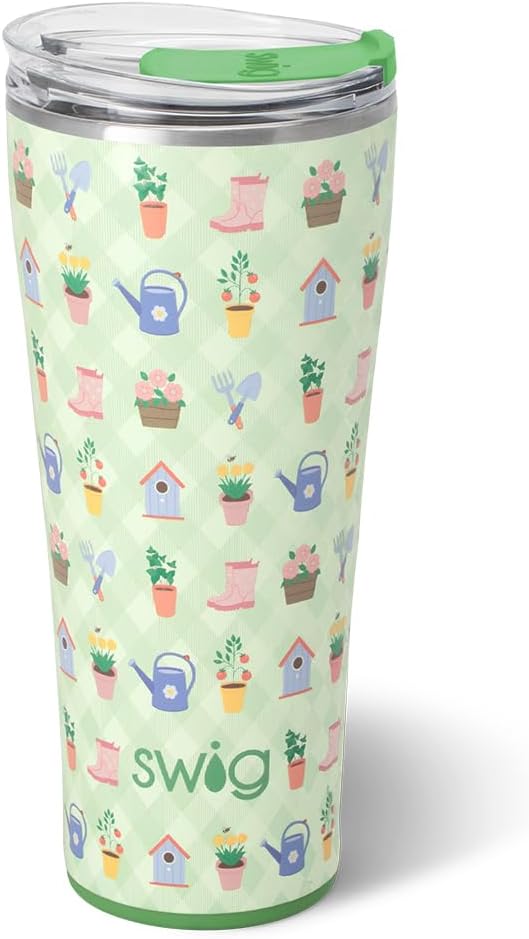 Swig Life 32oz Insulated Tumbler, Travel Coffee Tumbler with Lid, Cup Holder Friendly Travel Coffee Mug, Stainless Steel, 32 oz, Reusable Insulated Mug with Lid (Green Thumb)