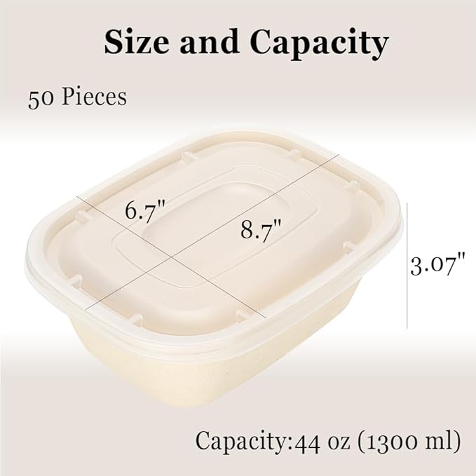 Aksipo 50 Pack 44 Oz Disposable Food Containers with Lids, Compostable Meal Prep Containers with Lids, Leak-proof To Go Food Box Cardboard Take Out Lunch Box Rectangle Paper Bowls for Salad,Leftovers