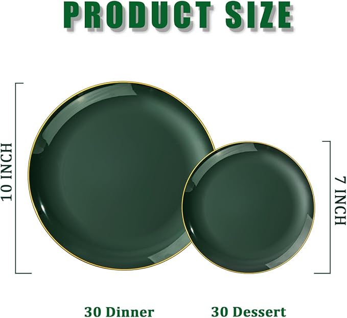 PULOTE 60PCS Green Plastic Plates - Heavy Duty Green Disposable Include 30 Each (10 inch Dinner & 7 inch Dessert) Plates, Ideal for Party & Christmas