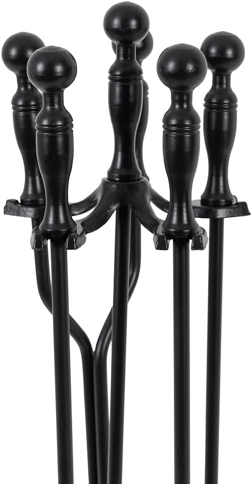 Modern Ember Cascade 5 Piece Fireplace Tool Set in Black | Includes Brush, Shovel, Fire Poker, Tongs, and Stand | Heavy Guage, Coated Steel | Heat-Resistant Plating | Sleek Rounded Handles