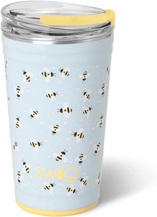 Swig Life 24oz Party Cup, Stackable Insulated Travel Coffee Tumbler with EZ Slider Lid, Cup Holder Friendly, Stainless Steel 24 oz Tumbler, Reusable Coffee Mug (Busy Bee)