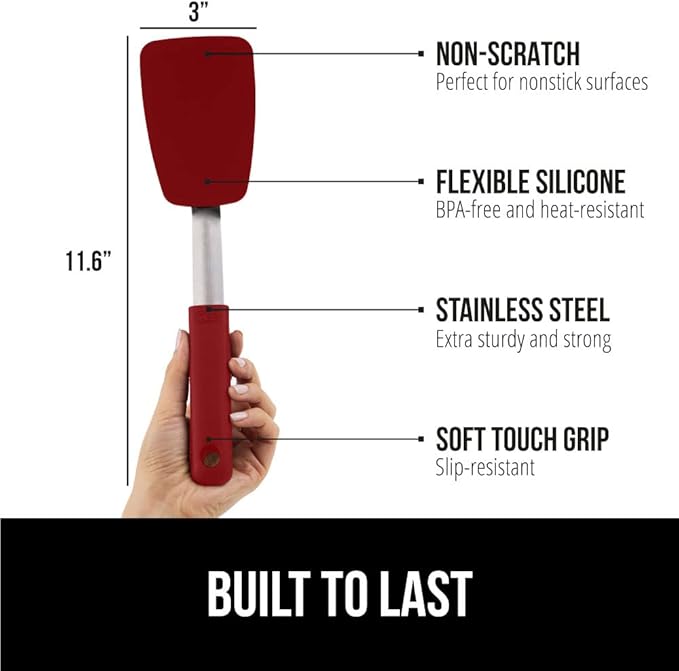 GORILLA GRIP Patented BPA-Free Non-Scratch Spatula, Heat Resistant Flexible Silicone Head for Nonstick Cooking Pans, Soft Rubber Handle, Kitchen Spatulas for Flipping Eggs, Pancakes, 11.6 in, Red