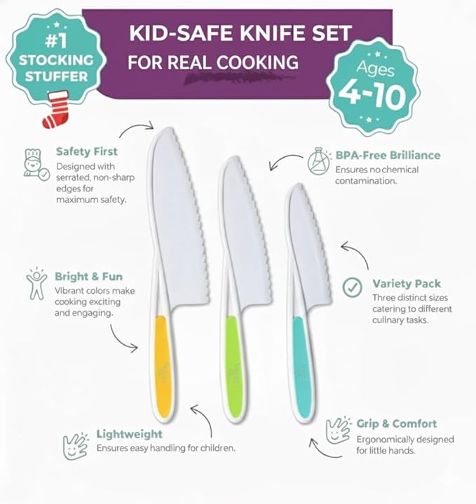Tovla Jr Kid Safe Knife Gift Set for Real Cooking | Toddler Kitchen Knives | Montessori STEM Cooking Tools | Kids Chef Knives and Utensils | BPA Free Dishwasher Safe | Birthday Gift Ages 4 to 12
