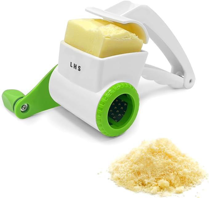 LHS Rotary Cheese Graters for Kitchen, Professional Manual Crank Handheld Cheese Grater with Stainless Steel Drum for Grating Hard Cheese, Chocolate, Nuts and More（Green）