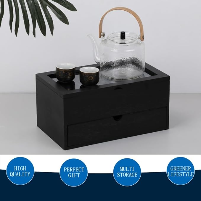 Tea Bag organizer Storage Box with Drawer Tea Organizers with Clear Acrylic Window Wooden Tea Box for Countertop with 8 Compartments Teabag Holder with 4 Cotton Woven Coasters（WBlack02）