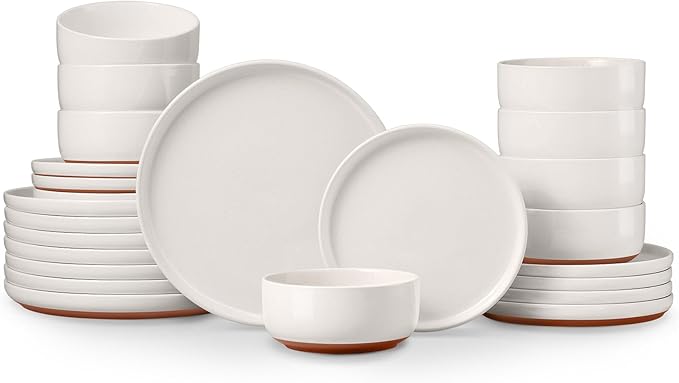 E-far 24-Piece Stoneware Dinnerware Sets, Plates and Bowls Sets for 8, Ceramic Dishware Dishes Set with Terracotta Base, Chip & Scratch Resistant, Microwave & Dishwasher Safe, Speckled White
