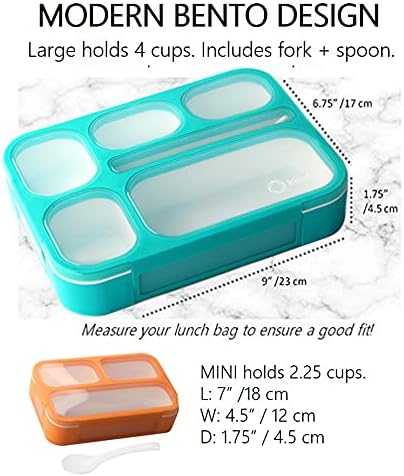 Bento Box Lunch Boxes and Snack Containers for Kids Girls Boys | Leakproof Portion Container Kits Bpa Free | Pack Set Of 4 | Teal Orange Large + Mini, Value 4 Pack