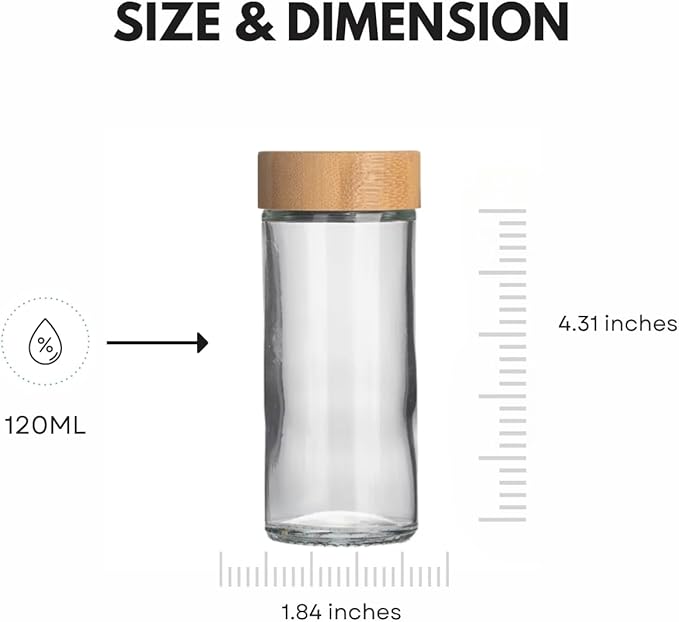 24 pcs Modern Round Glass Spice Jars 120ml with Bamboo Lids and 360 labels- Empty Spice Containers with Shaker Lids and Funnel, Airtight Storage Jars for Spices, Herbs, Seasonings