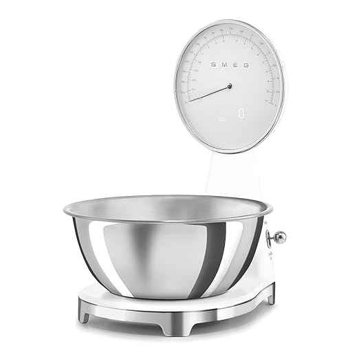 SMEG Retro-Style Analog & Digital Kitchen Scale, 11 lb Capacity, Rechargeable Battery, Backlit LCD Display, Stainless Steel Bowl (White)