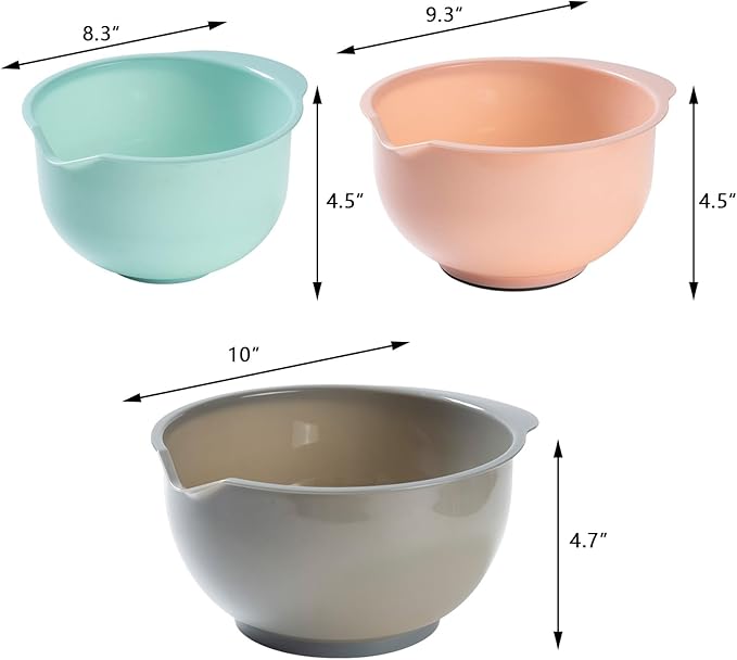 Set of 3 Mixing Bowls with Pour Spout-Nesting Design Saves Space - Non-Slip, BPA Free, Dishwasher Safe Plastic - Kitchen Cooking and Baking Supplies (Green Pink Grey)