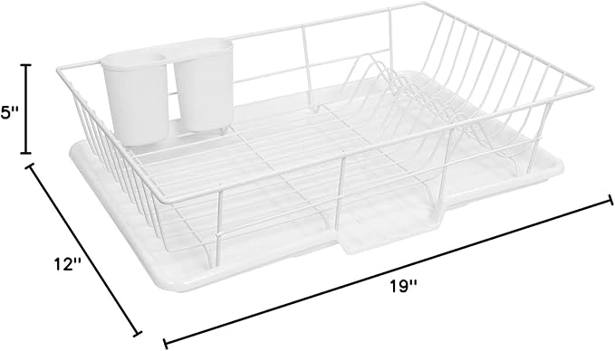 Sweet Home Collection Metal, Plasic 3 Piece Dish Drainer Rack Set with Drying Board and Utensil Holder, 12" x 19" x 5", White