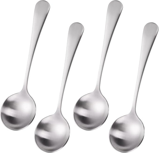 7" Elegant Soup Spoons Silverware Set,18/10 Stainless Steel,Matte Satin Finish,Dishwasher Safe(Set of 4,Silver)