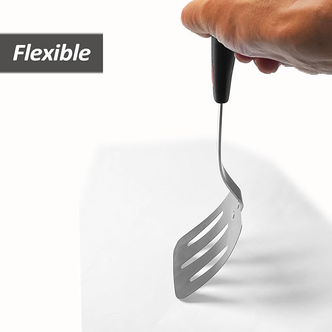 Stainless Steel Flexible Spatula Turner, VOVOLY Thin Metal Slotted Spatula for Cast Iron Skillet, Thin Blade and Heat Resistant Silicone Handle, Great for Egg, Cookie, Meat, Crep, Medium