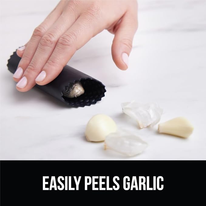 GORILLA GRIP Garlic Press and Peel Set, Heavy Duty Mincer Tool, Large Ergonomic Handle, Easily Mince, Crush Garlics Ginger Nuts, Peeler Included for Peeling Cloves, Holiday Prep Kitchen Gadgets, Black