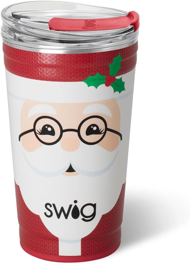 Swig Life 24oz Party Cup, Stackable Insulated Travel Coffee Tumbler with EZ Slider Lid, Cup Holder Friendly Travel, Stainless Steel 24 oz Tumbler, Reusable Mug (Mr Claus)