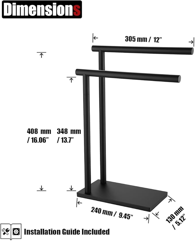 JQK Hand Towel Holder Stand Black, Modern Tree Rack Free Standing for Countertop with 12 Inch 2 Bars, 304 Stainless Steel Matte Black 9.45x5.12 Inch Base, HTT172-PB